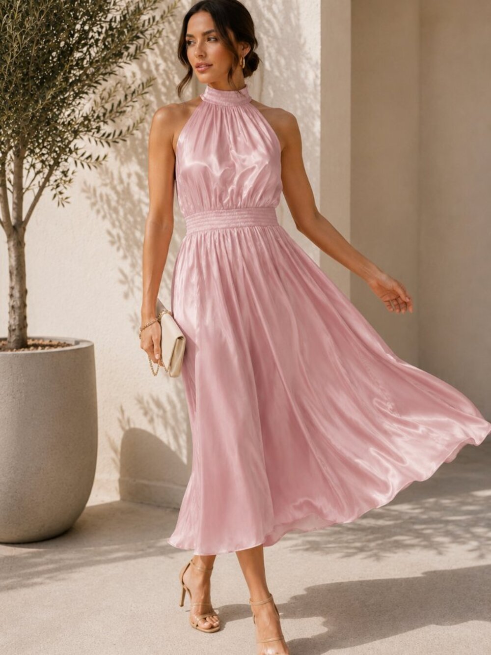 EVEREVE O.P.T. Caralyn Shimmer Satin Mock Neck Midi Dress Mauve Blush NWT